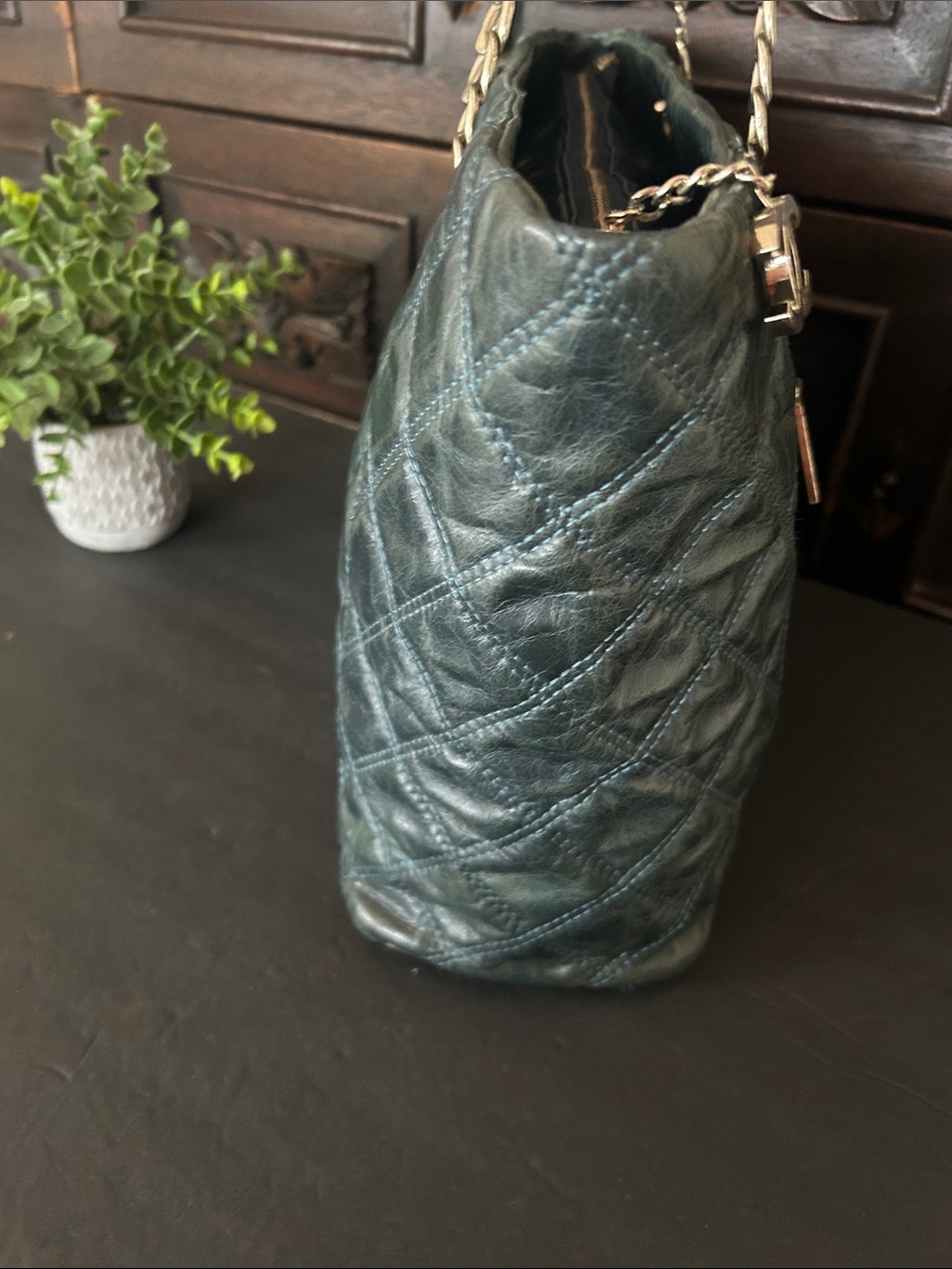 Beautiful Quilted Dark Green Leather Tote with Chain Straps - Picture 7 of 17
